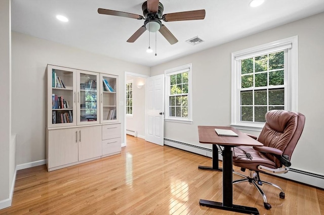 14 Nourse St, Westborough, MA 01581 - office area featuring light wood-style floors, recessed lighting, a baseboard radiator, and a ceiling fan