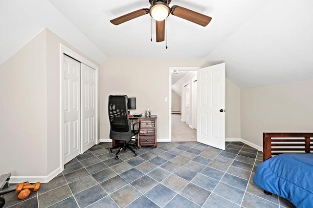 14 Nourse St, Westborough, MA 01581 - bedroom featuring vaulted ceiling, an office area, ceiling fan, a closet, and dark tile patterned flooring