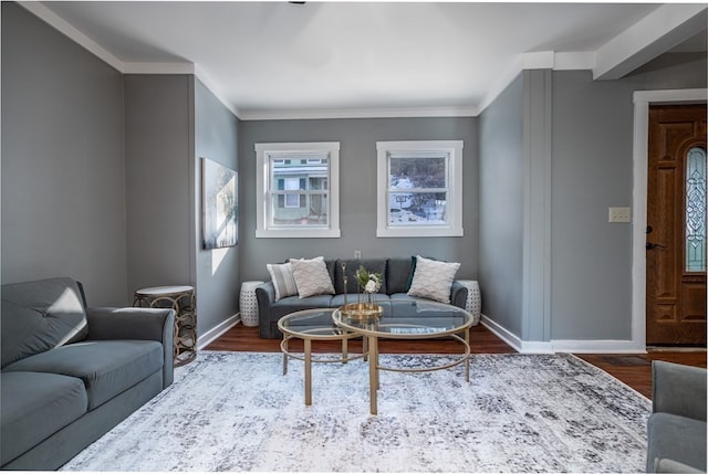 living room with ornamental molding and hardwood / wood-style floors