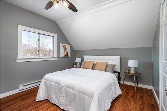 bedroom featuring ceiling fan, a baseboard radiator, lofted ceiling, and dark hardwood / wood-style flooring