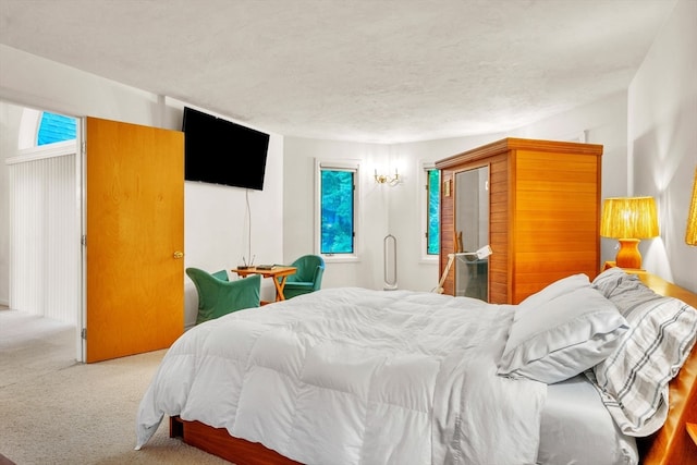 bedroom with a textured ceiling and light carpet