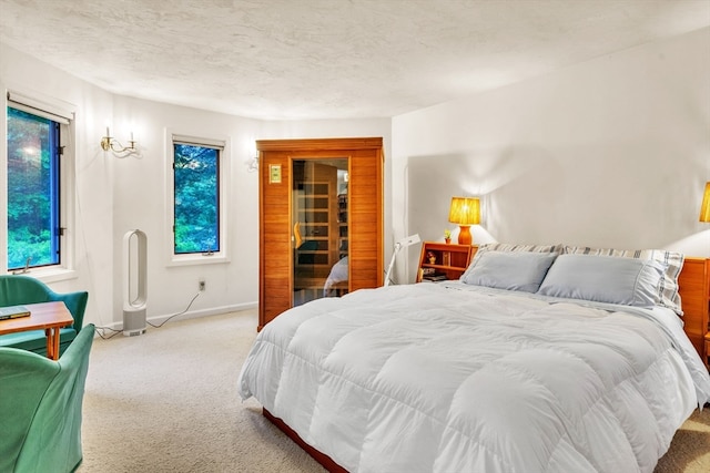 bedroom with a textured ceiling and light colored carpet