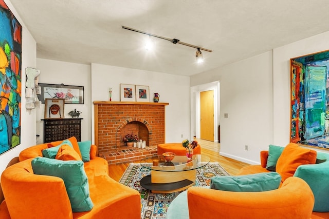 living room featuring a fireplace, track lighting, and light wood-type flooring