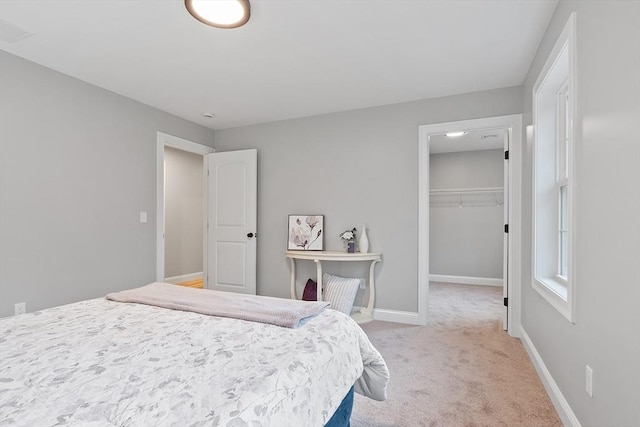 bedroom featuring carpet, a spacious closet, and a closet