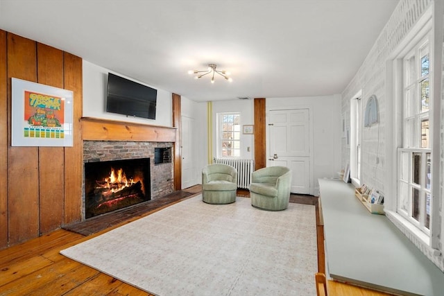 living room featuring a fireplace and light wood-type flooring