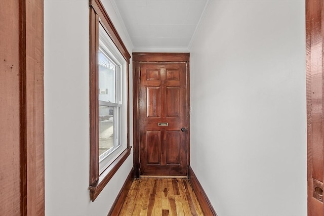 corridor featuring baseboards, light wood-type flooring, and crown molding