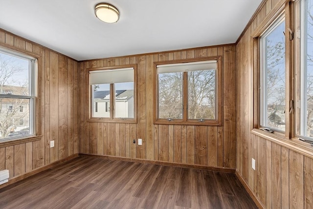 empty room with dark wood-style flooring, a healthy amount of sunlight, wooden walls, and baseboards