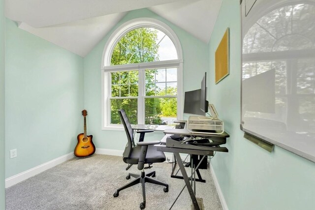 3 White Tail Dr, Tyngsborough, MA 01879 - carpeted office space featuring baseboards and vaulted ceiling