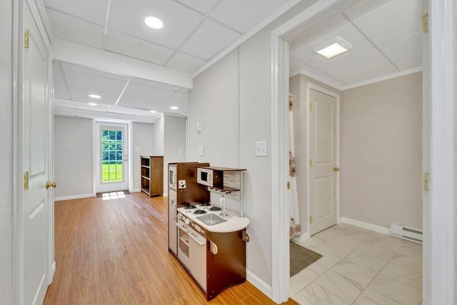 3 White Tail Dr, Tyngsborough, MA 01879 - corridor with a baseboard heating unit, baseboards, recessed lighting, ornamental molding, and light wood-type flooring
