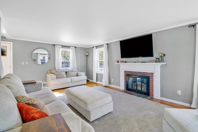 living room featuring ornamental molding, a fireplace, and light hardwood / wood-style flooring