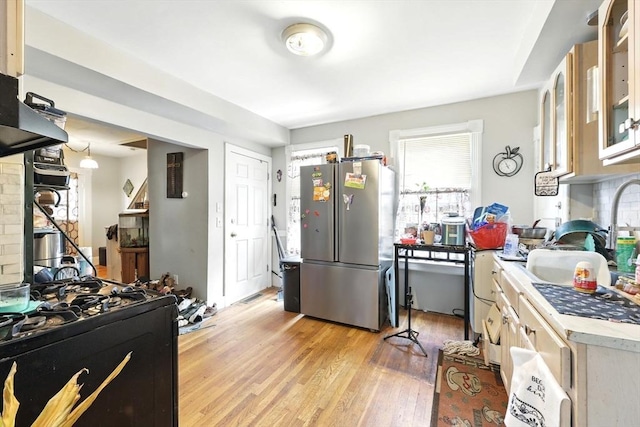 53 Euclid Ave, Springfield, MA 01108 - kitchen with freestanding refrigerator, light wood-style floors, light countertops, glass insert cabinets, and black range with gas stovetop