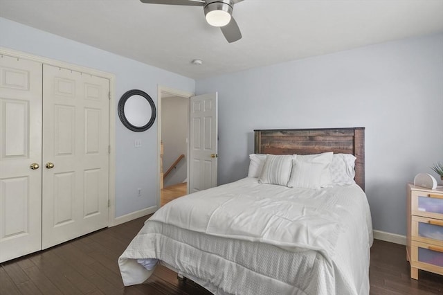 bedroom with baseboards, a ceiling fan, and wood finished floors
