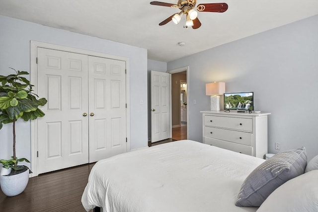 bedroom featuring a closet, ceiling fan, and dark wood-type flooring