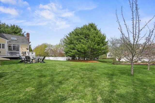 view of yard with fence and a wooden deck