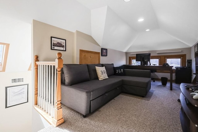 living area featuring recessed lighting, visible vents, lofted ceiling, and carpet