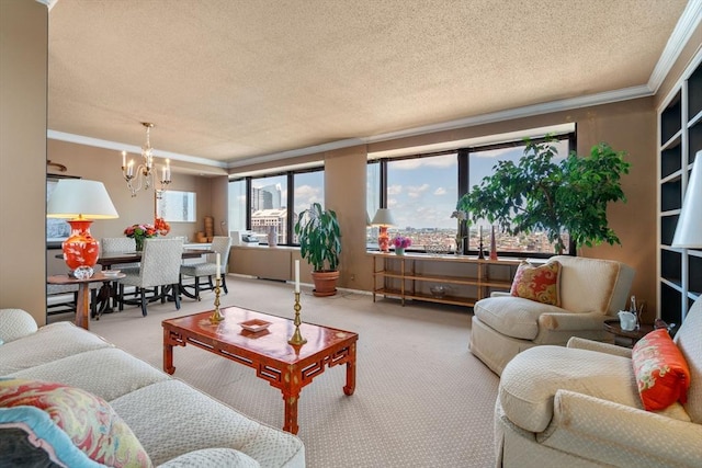 85 E India Row Unit 18B, Boston, MA 02110 - living room with carpet, ornamental molding, a textured ceiling, and a chandelier