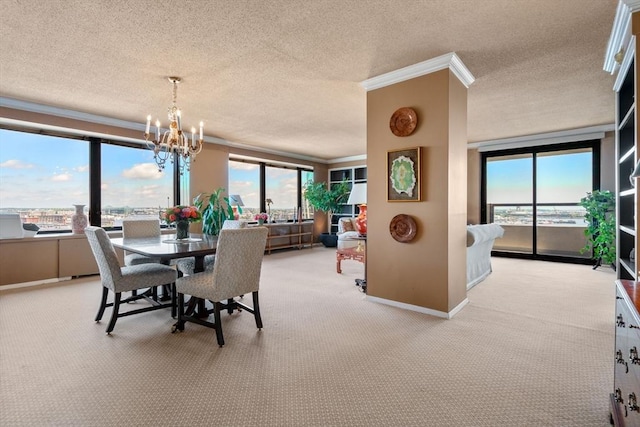 85 E India Row Unit 18B, Boston, MA 02110 - carpeted dining space with crown molding, a chandelier, healthy amount of natural light, and a textured ceiling
