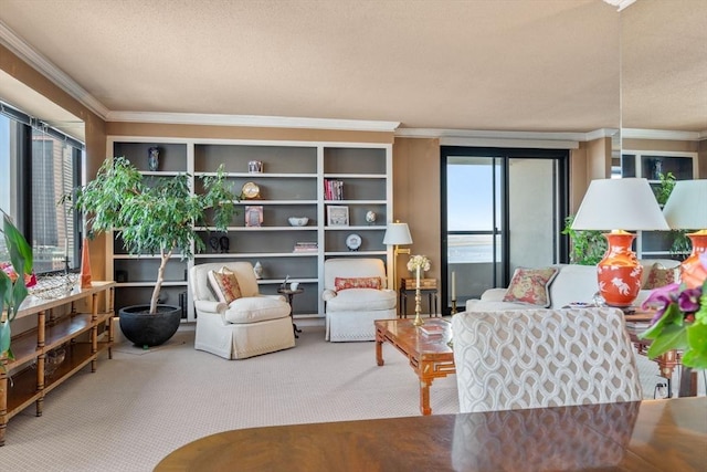 85 E India Row Unit 18B, Boston, MA 02110 - living room with ornamental molding, carpet floors, and a textured ceiling