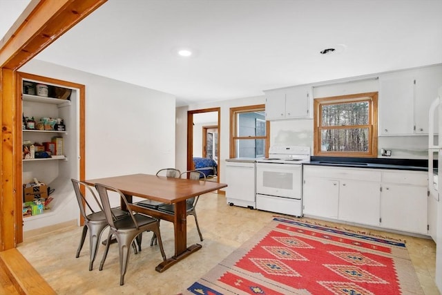 kitchen featuring white cabinetry and white range with electric stovetop