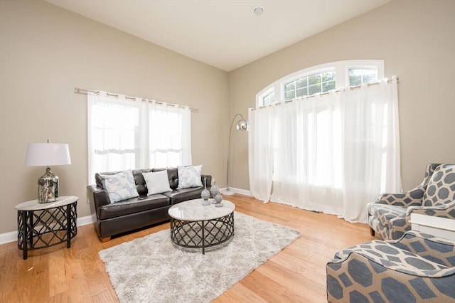 living room with baseboards, lofted ceiling, and wood finished floors