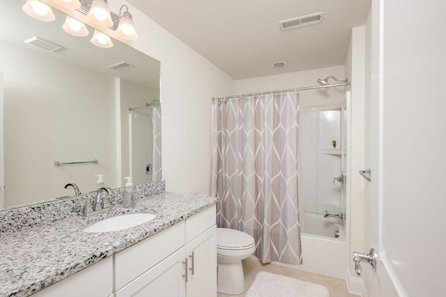 full bathroom with visible vents, toilet, and shower / bathtub combination with curtain