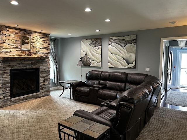 16 Pinehurst Ave, Dracut, MA 01826 - living room featuring carpet floors, recessed lighting, and a fireplace