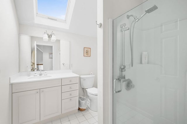 full bath with toilet, a skylight, a shower stall, and vanity