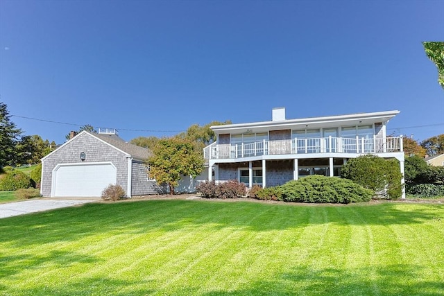 front facade with a chimney and a front yard