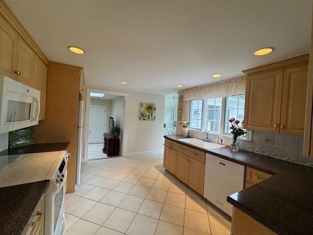 18 Lily Pond Dr, Yarmouth, MA 02664 - kitchen with white appliances, light tile patterned flooring, and recessed lighting
