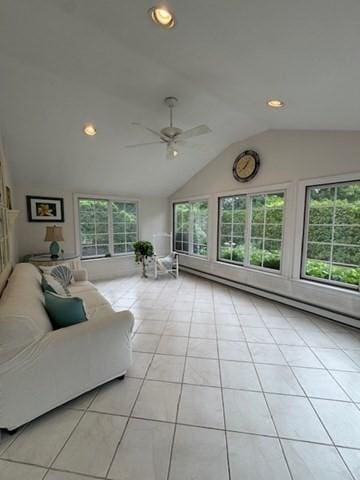 18 Lily Pond Dr, Yarmouth, MA 02664 - living area with a ceiling fan, vaulted ceiling, light tile patterned flooring, and recessed lighting