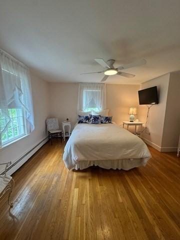 18 Lily Pond Dr, Yarmouth, MA 02664 - bedroom featuring baseboard heating, wood finished floors, and a ceiling fan