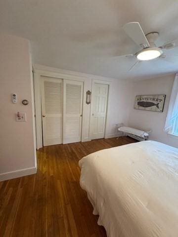 18 Lily Pond Dr, Yarmouth, MA 02664 - bedroom with wood finished floors, a ceiling fan, and multiple closets