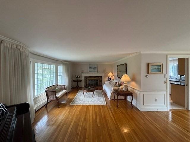 18 Lily Pond Dr, Yarmouth, MA 02664 - living area featuring light wood-style flooring, crown molding, a glass covered fireplace, and a wainscoted wall