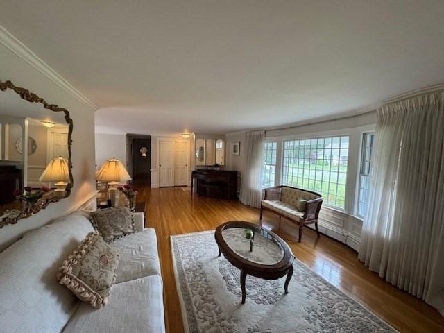 18 Lily Pond Dr, Yarmouth, MA 02664 - living room featuring wood finished floors and crown molding
