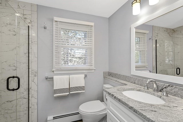 full bath with toilet, plenty of natural light, a marble finish shower, and a baseboard heating unit