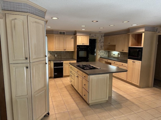 96 Wild Grove Ln, Longmeadow, MA 01106 - kitchen with black appliances, dark countertops, light tile patterned flooring, decorative backsplash, and recessed lighting