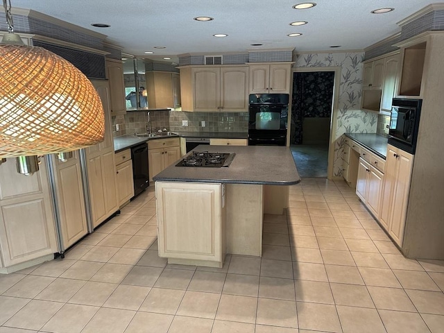 96 Wild Grove Ln, Longmeadow, MA 01106 - kitchen featuring dark countertops, a sink, a center island, black appliances, and light tile patterned floors