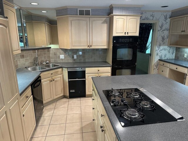 96 Wild Grove Ln, Longmeadow, MA 01106 - kitchen with black appliances, a sink, ornamental molding, light brown cabinets, and light tile patterned flooring