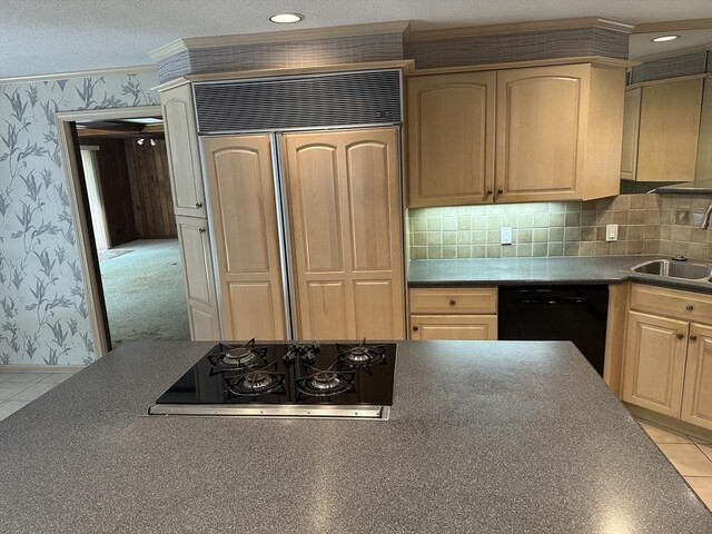 96 Wild Grove Ln, Longmeadow, MA 01106 - kitchen featuring wallpapered walls, black appliances, a sink, crown molding, and light brown cabinets