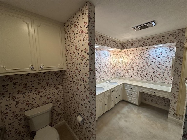 96 Wild Grove Ln, Longmeadow, MA 01106 - bathroom featuring wallpapered walls, toilet, vanity, and a textured ceiling