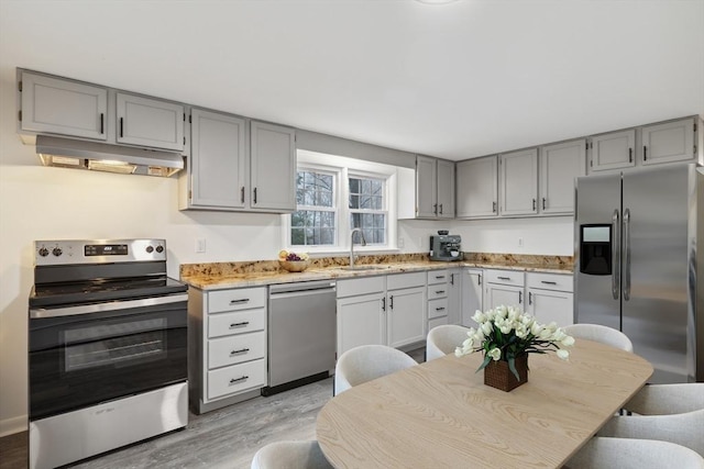 kitchen with gray cabinetry, stainless steel appliances, light hardwood / wood-style floors, and sink