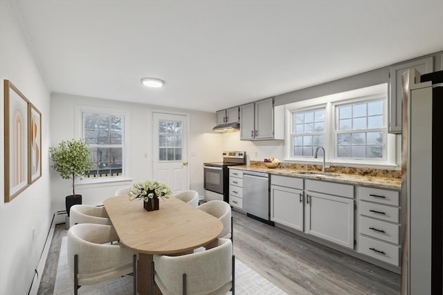 kitchen featuring sink, gray cabinets, light stone counters, wood-type flooring, and stainless steel appliances