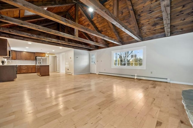 unfurnished living room with baseboard heating, light wood-type flooring, lofted ceiling with beams, and wooden ceiling