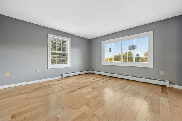 empty room featuring light wood-type flooring and baseboard heating