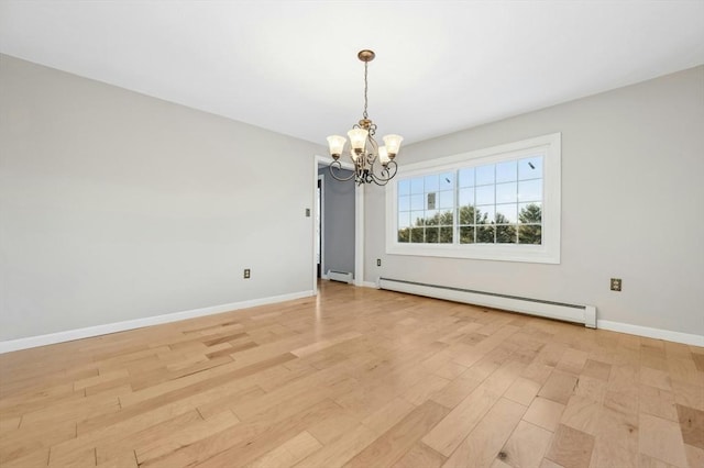 unfurnished dining area with a notable chandelier, baseboard heating, and light hardwood / wood-style floors