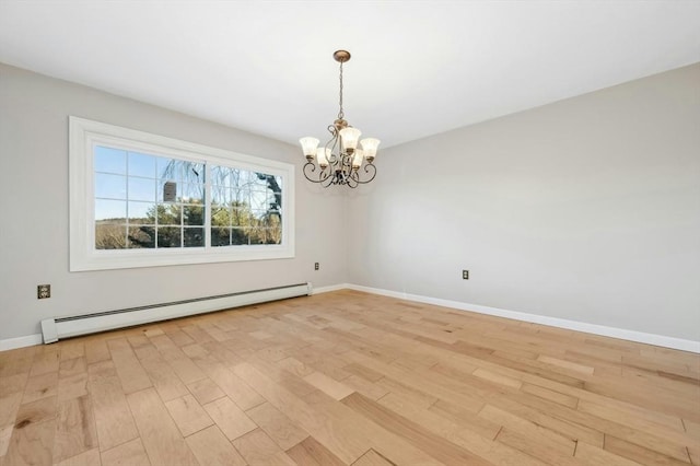 unfurnished dining area with baseboard heating, a chandelier, and light hardwood / wood-style floors