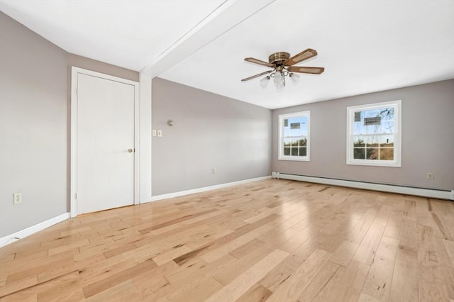 unfurnished room featuring a baseboard radiator, ceiling fan, and light wood-type flooring