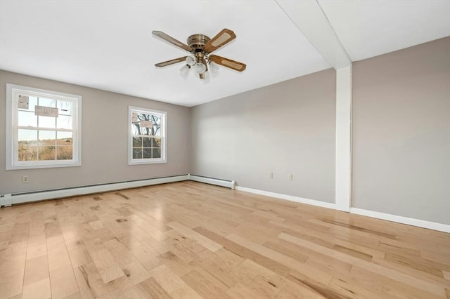 unfurnished room featuring ceiling fan, light wood-type flooring, and a baseboard radiator