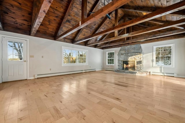 unfurnished living room featuring wood ceiling, a fireplace, lofted ceiling with beams, and a baseboard heating unit