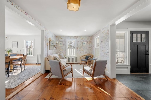 living room featuring hardwood / wood-style flooring and radiator heating unit